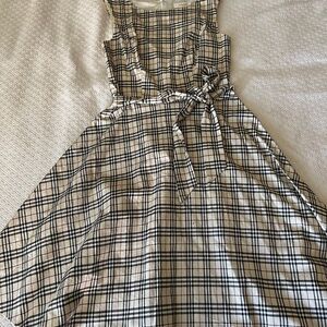 Plaid tan, black and burgundy fit and flare dress, size extra small